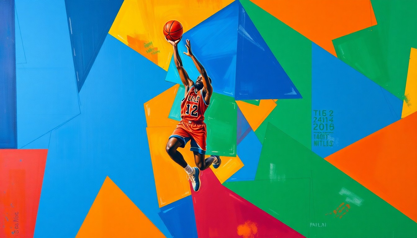 A cubist-style painting depicting a basketball player's jump shot broken down into sharp, overlapping geometric shapes in a vibrant color palette, capturing the dynamic energy of the game.