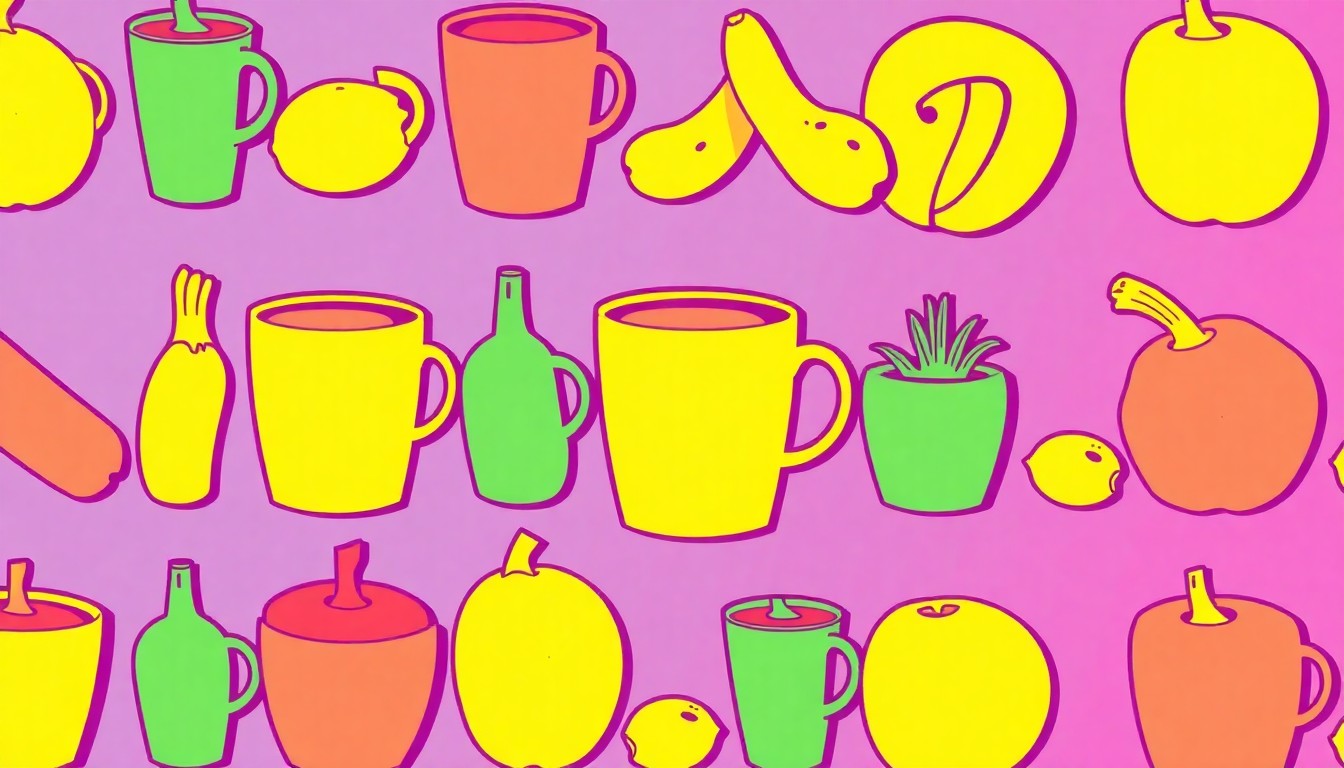 A highly stylized, silkscreen-inspired illustration featuring a grid of brightly colored, abstracted images of fresh produce, conceptually representing the healthy, locally-focused offerings of the new Green Eats cafe.