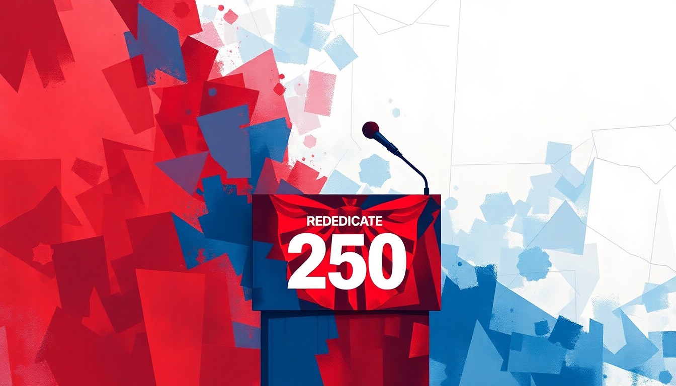 A fractured, overlapping, geometric painting of a podium and microphone in shades of red, white, and blue, representing the political and religious themes of the 'Rededicate 250' event.