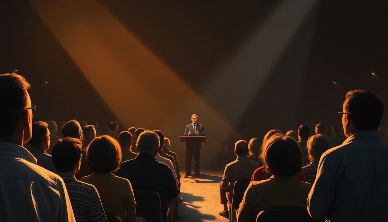A cinematic painting depicting a group of people gathered in a community center, listening to a political candidate speaking at a podium, the scene bathed in warm, diagonal sunlight and deep shadows, capturing the intimate and contemplative mood of the event.