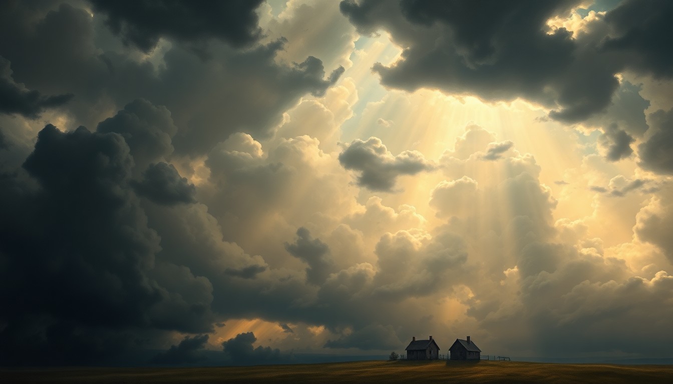 A dramatic, atmospheric landscape painting in the style of Caspar David Friedrich, featuring a small, isolated farmhouse or barn dwarfed by a vast, stormy sky with heavy, swirling clouds and beams of light breaking through, conveying a sense of the sublime power of the impending weather.