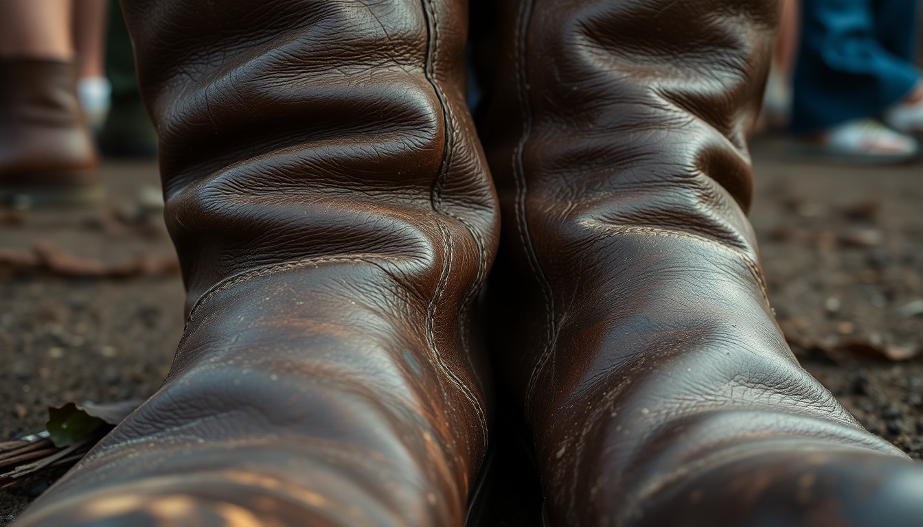 An extreme close-up photograph of worn, distressed leather festival boots, capturing the gritty, lived-in aesthetic of early 2000s music festival fashion.