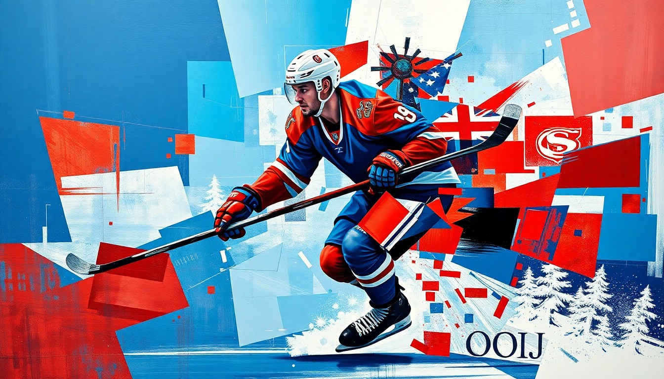 A fractured, geometric painting depicting a hockey player in dynamic motion, with sharp, overlapping planes of deep blue, bright red, and metallic silver, conceptually representing the skill and energy of Slovak player Adam Sýkora.