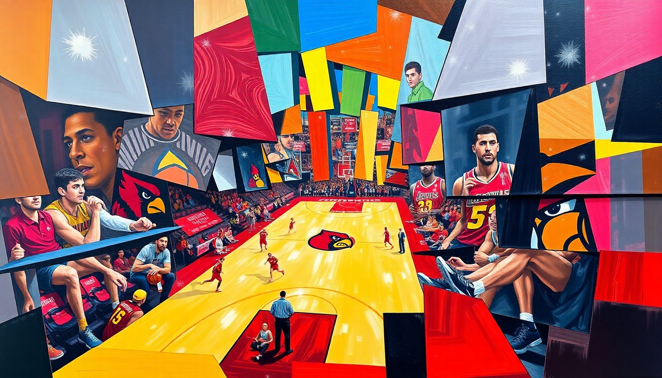 A fragmented, geometric painting depicting the dynamic movements and energy of a college basketball game, with sharp planes of color representing the players and action on the court.