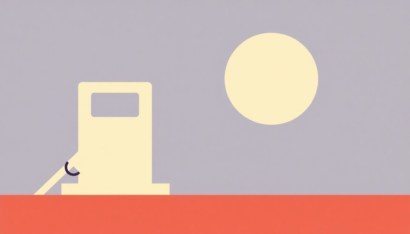 A minimalist illustration using bold geometric shapes and primary colors to represent the rising cost of gasoline, conveying the economic impact of higher fuel prices without any text or literal depictions.
