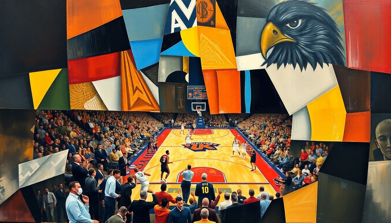 A cubist, geometric painting depicting a basketball game between the Knicks and Hawks, with the players and court broken down into sharp, overlapping planes of color and shape.