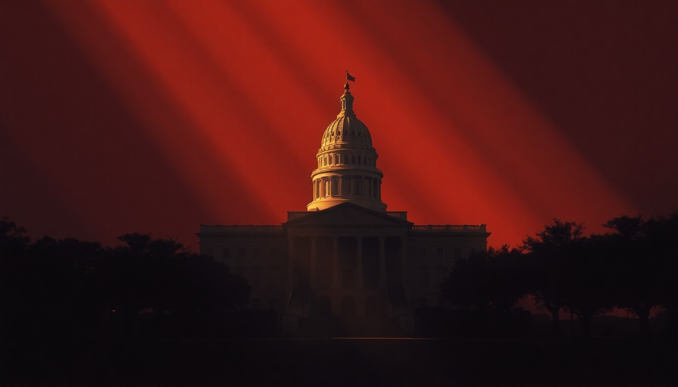 A serene, cinematic painting of the Texas state capitol building, its grand architecture bathed in warm, golden light and deep shadows, conveying a sense of political tension and division.