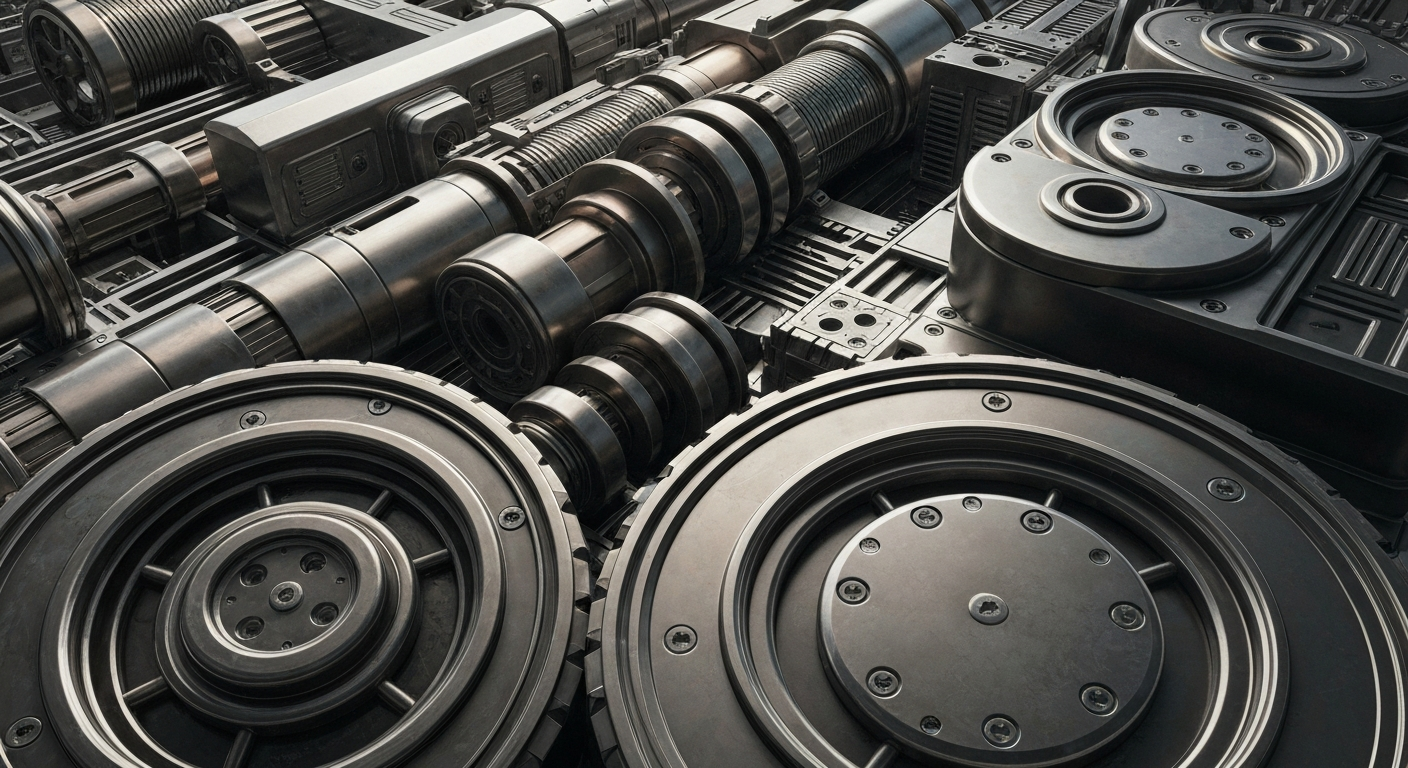 An extreme close-up of intricate, heavy banking machinery and infrastructure in shades of steel grey, bronze, and chrome, conveying the scale and power of the global financial system.