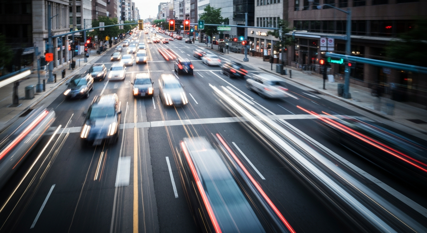 An abstract, colorful image with sweeping brushstrokes representing the motion and chaos of downtown traffic, conceptually illustrating the need for improved traffic management in the area.