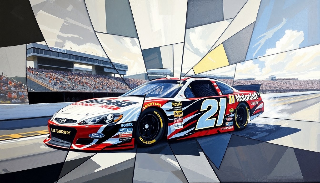 A fractured, multi-perspective painting in the style of Pablo Picasso, breaking a NASCAR race at Bristol Motor Speedway down into sharp, overlapping geometric planes of color and form, capturing the raw energy and movement of the sport.