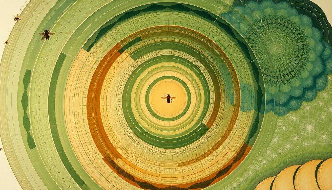 A highly structured abstract painting in muted earth tones, featuring sweeping geometric arcs, concentric circles, and precise botanical spirals, visually representing the intricate scientific principles behind honey bee swimming behavior.