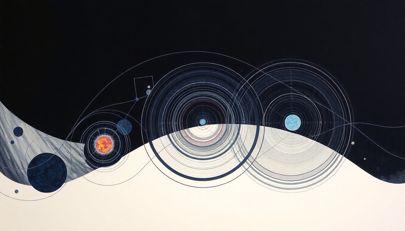 A highly abstract, textured painting in shades of blue, purple, and orange, featuring sweeping geometric shapes and precise biological spirals, conceptually representing the complex interactions between cancer cells and the immune system's NK cells.