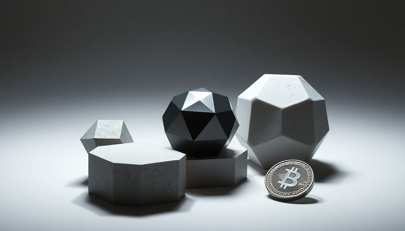 A photorealistic studio still-life featuring a collection of polished, geometric objects representing the lifecycle of a material - raw feedstock, manufactured product, recycled material, and digital token. The objects are arranged elegantly on a clean, monochromatic background using dramatic lighting to symbolize the concepts of material identity, traceability, and digital asset representation.