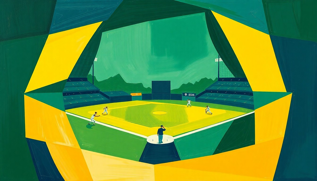 A cubist, geometric painting depicting a softball game broken down into overlapping planes of green, blue, and yellow, capturing the dynamic energy of the sport.