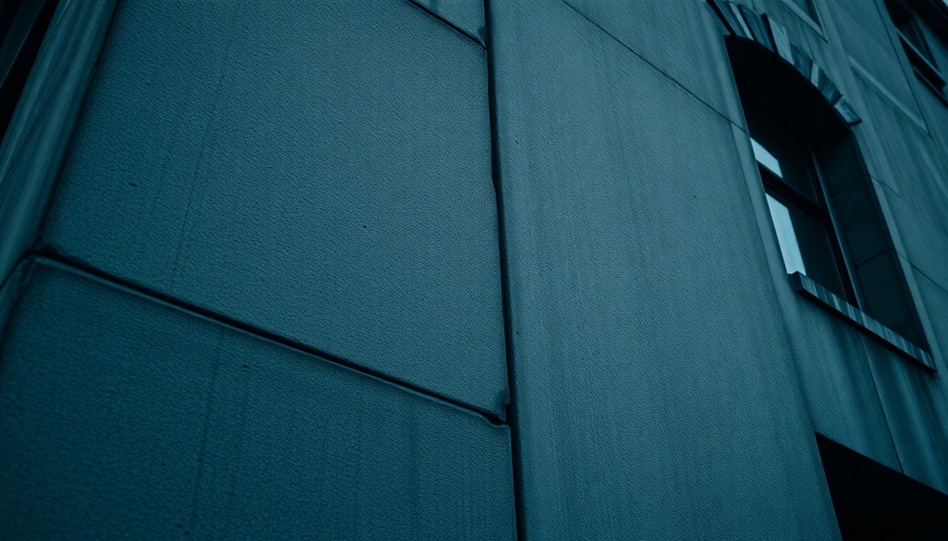 An extreme close-up photograph of the weathered, textured exterior of a university building, capturing the details and materiality in a dramatic, moody lighting style.