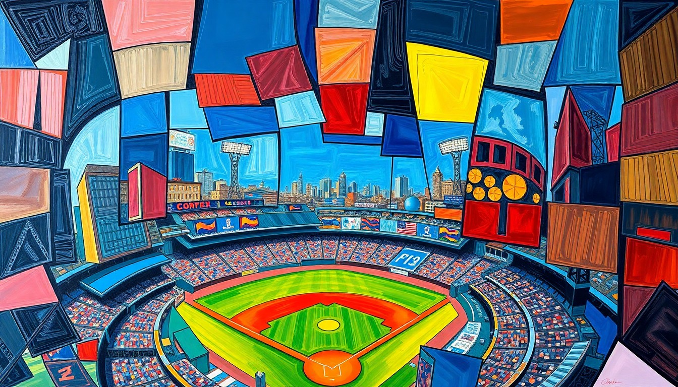 A cubist, geometric painting depicting the overlapping planes and perspectives of a baseball stadium and surrounding cityscape, rendered in a palette of deep blues, rich reds, and vibrant yellows.