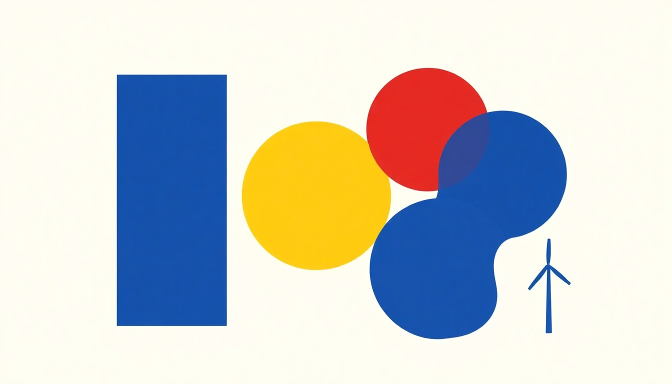 A vibrant abstract illustration using bold geometric shapes and primary colors to conceptually represent the complexities of state energy policy.