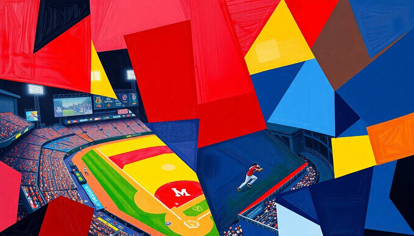 A cubist, geometric painting depicting an abstract college baseball game, with overlapping planes of navy blue, red, and white representing the competing teams of Ole Miss and LSU.