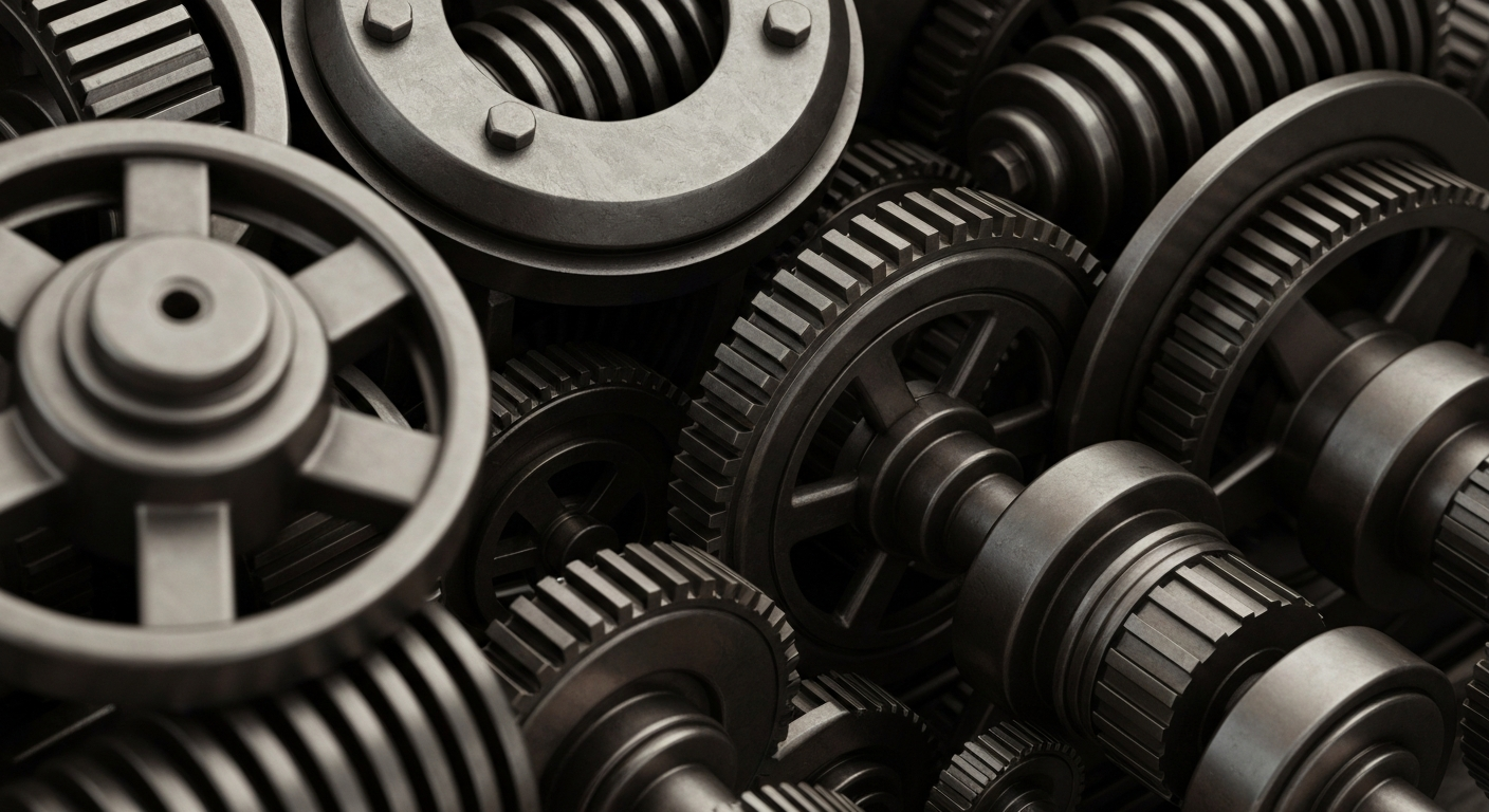 An extreme close-up of the intricate, metallic components of a banking machine, conveying the secure, industrial nature of financial institutions and investments.