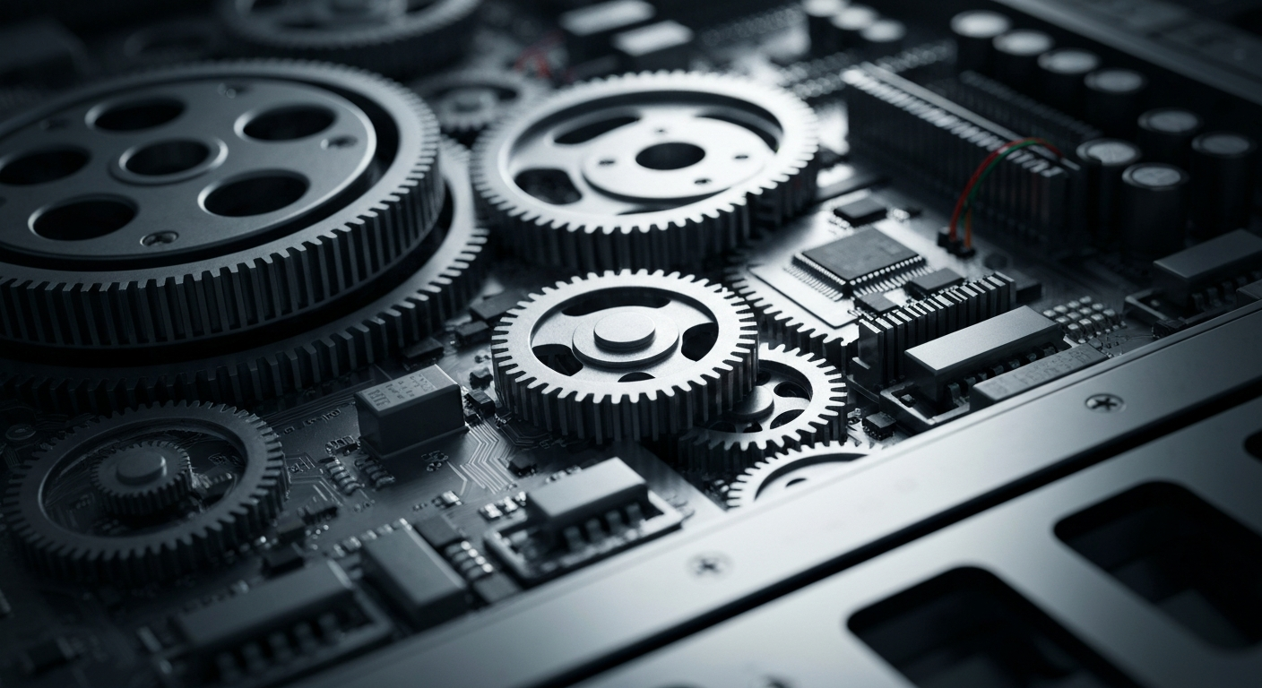 An extreme close-up of the inner mechanisms of a stock trading terminal, with gears, circuits, and metallic components filling the frame in a dramatic, cinematic style, conceptually representing the complex machinery behind financial markets.