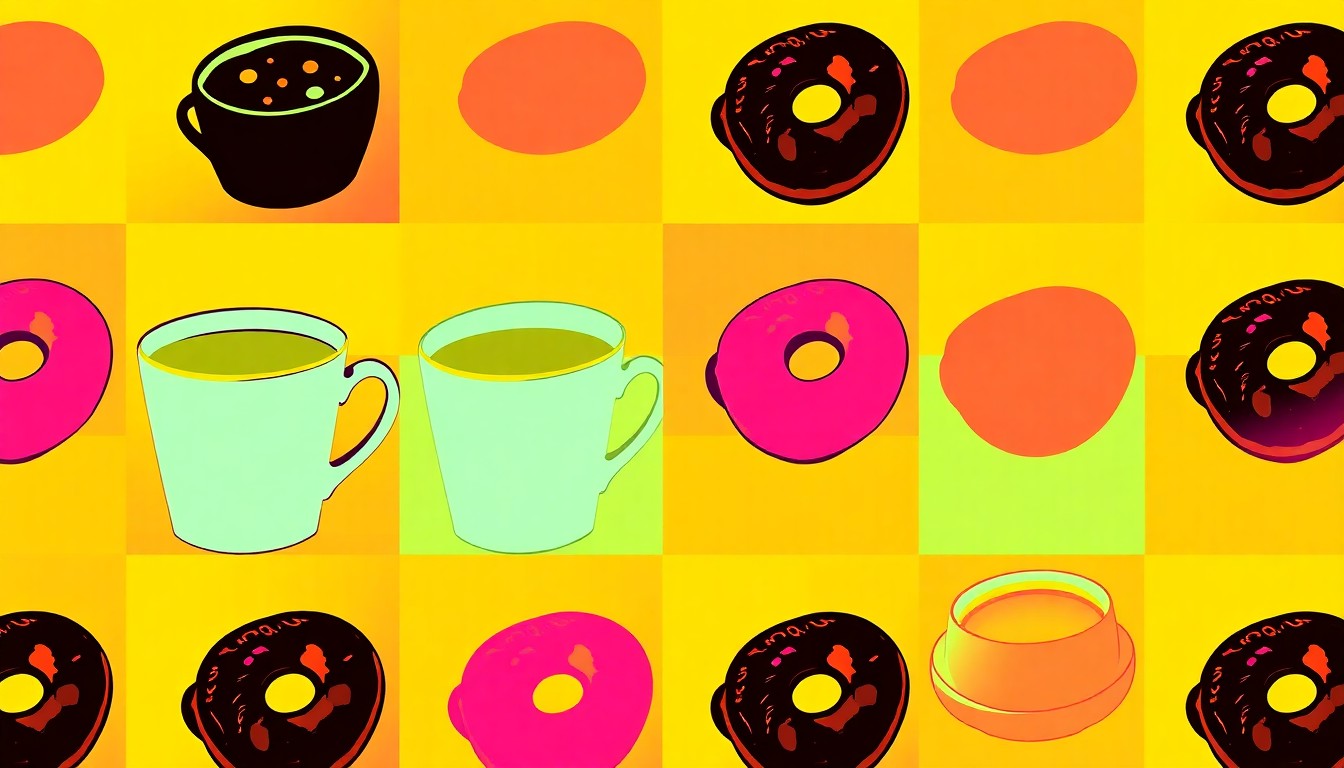 A high-contrast, silkscreen-style illustration featuring a repeating grid of brightly colored doughnuts, sandwiches, and other food items, conceptually representing the variety of tax season dining promotions.
