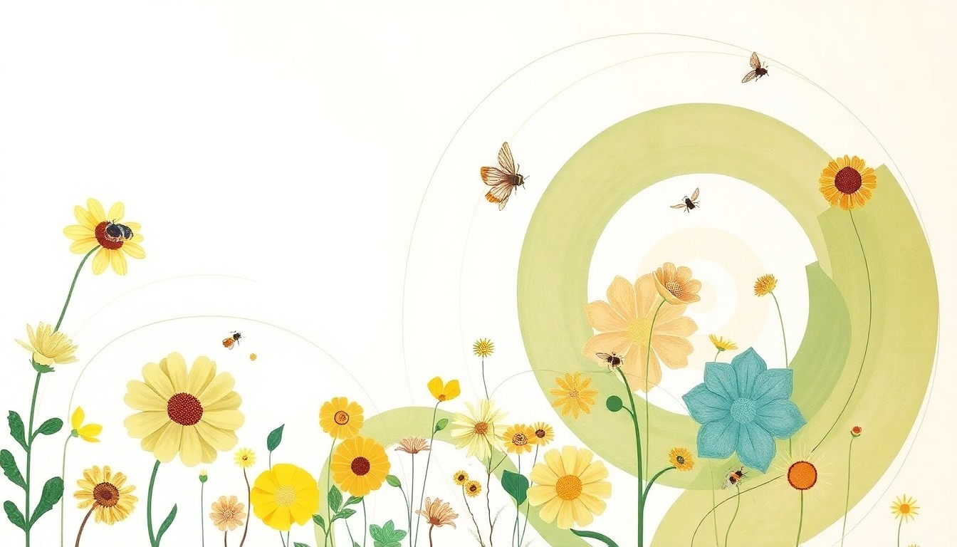 An abstract, highly structured painting in muted earth tones, featuring sweeping botanical shapes and precise geometric patterns that evoke the complex relationships between cultivated flowers and the insects that pollinate them.