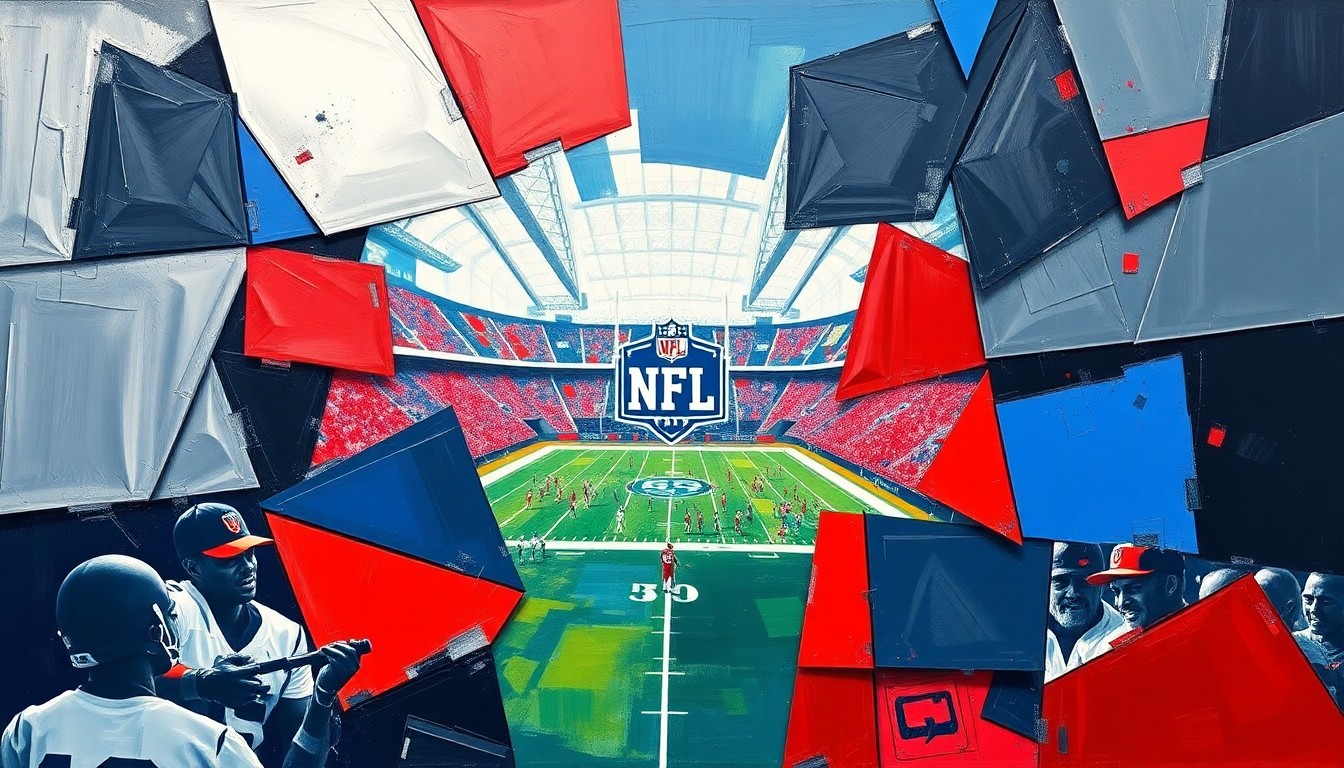 A fragmented, geometric painting in bold colors depicts an NFL draft scene, with sharp planes and angles representing the strategic maneuvering of teams to land top defensive talent.