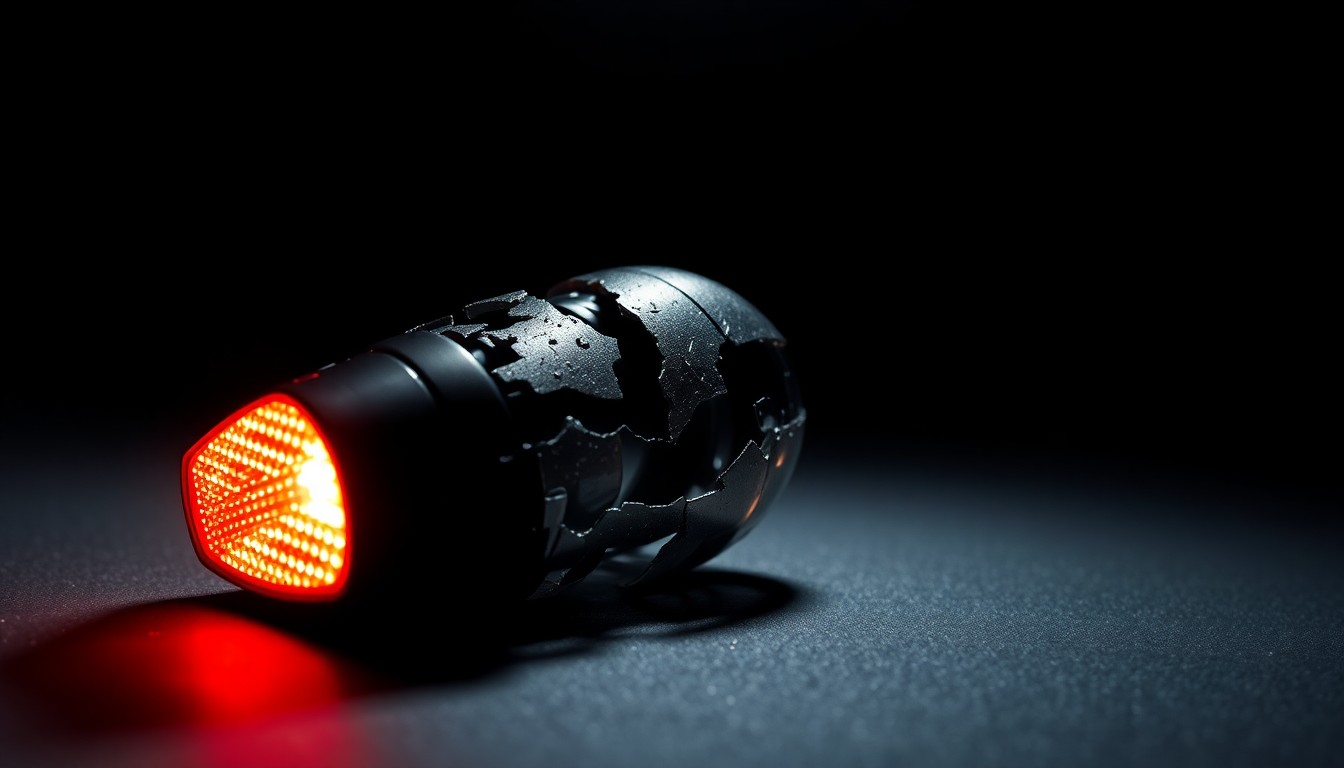 An extreme close-up photograph of a shattered bicycle reflector against a pitch-black background, conceptually representing the tragedy of a fatal crash involving children on bicycles.