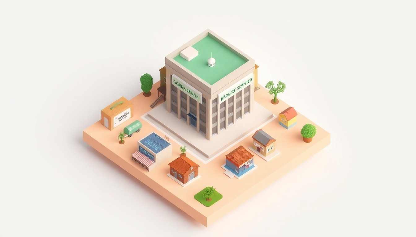 A stylized, isometric 3D digital illustration depicting a central building representing the Georgia Grown Resource Center, surrounded by smaller structures symbolizing agricultural businesses, all floating on a pastel background and using clean, modern design elements to convey a sense of innovation and community in the agriculture sector.