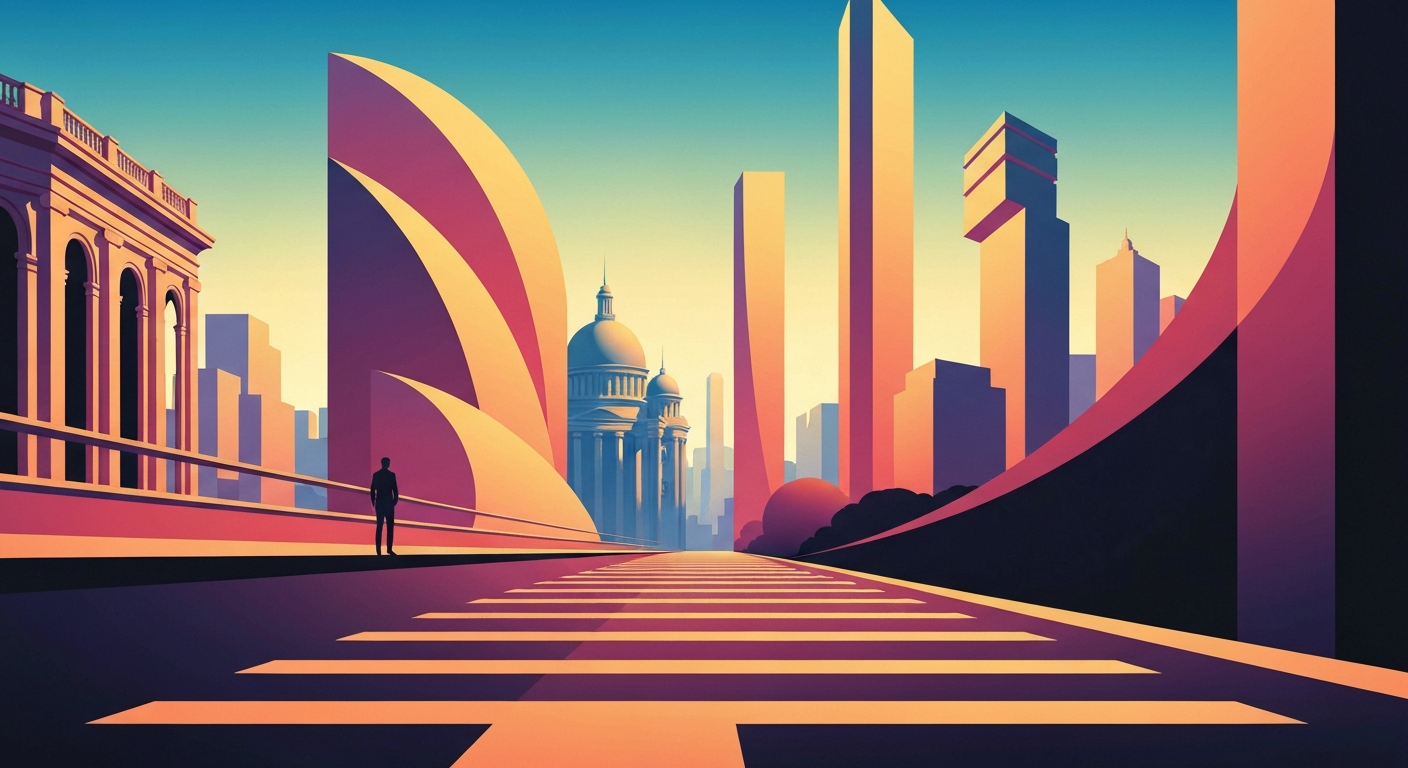 A highly stylized, geometric illustration depicting the grand scale and sweeping landscapes of an Alaskan cruise, rendered in smooth, airbrushed gradients and streamlined forms without any text or identifiable elements.