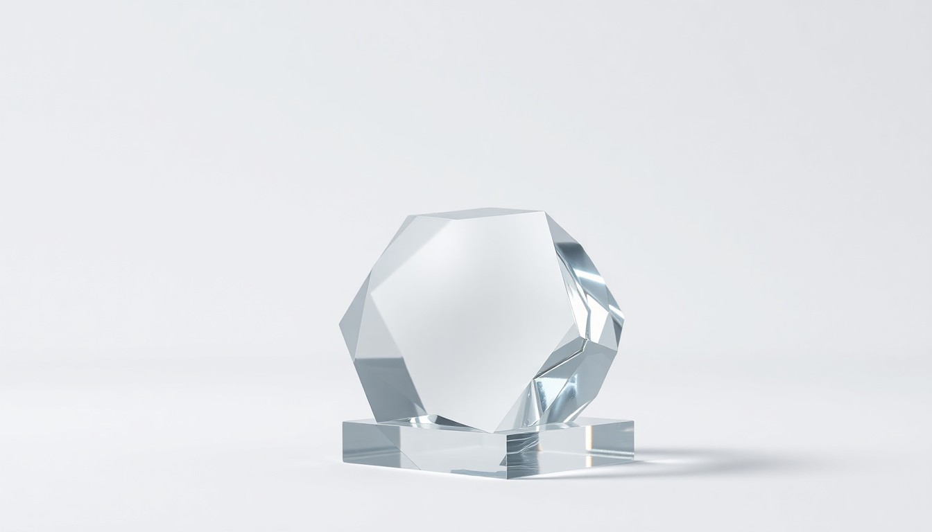 A close-up of a polished, geometric glass paperweight or sculpture on a clean, monochromatic background, representing the abstract concepts of communication strategy, AI-powered reputation management, and ethical influence.