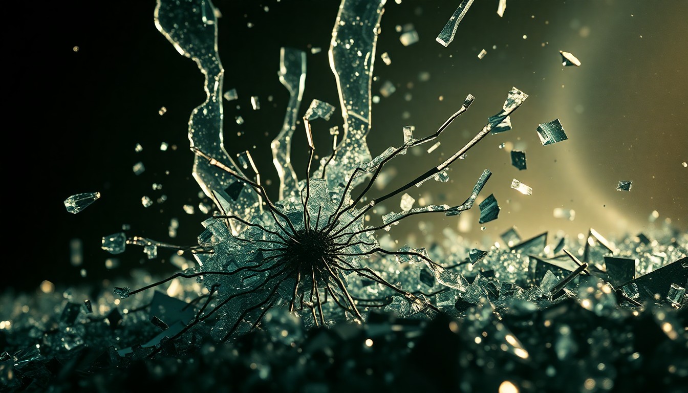 An abstract close-up image featuring shards of broken glass and twisted metal fragments, captured in high-contrast studio lighting to convey the devastation of an alien invasion.