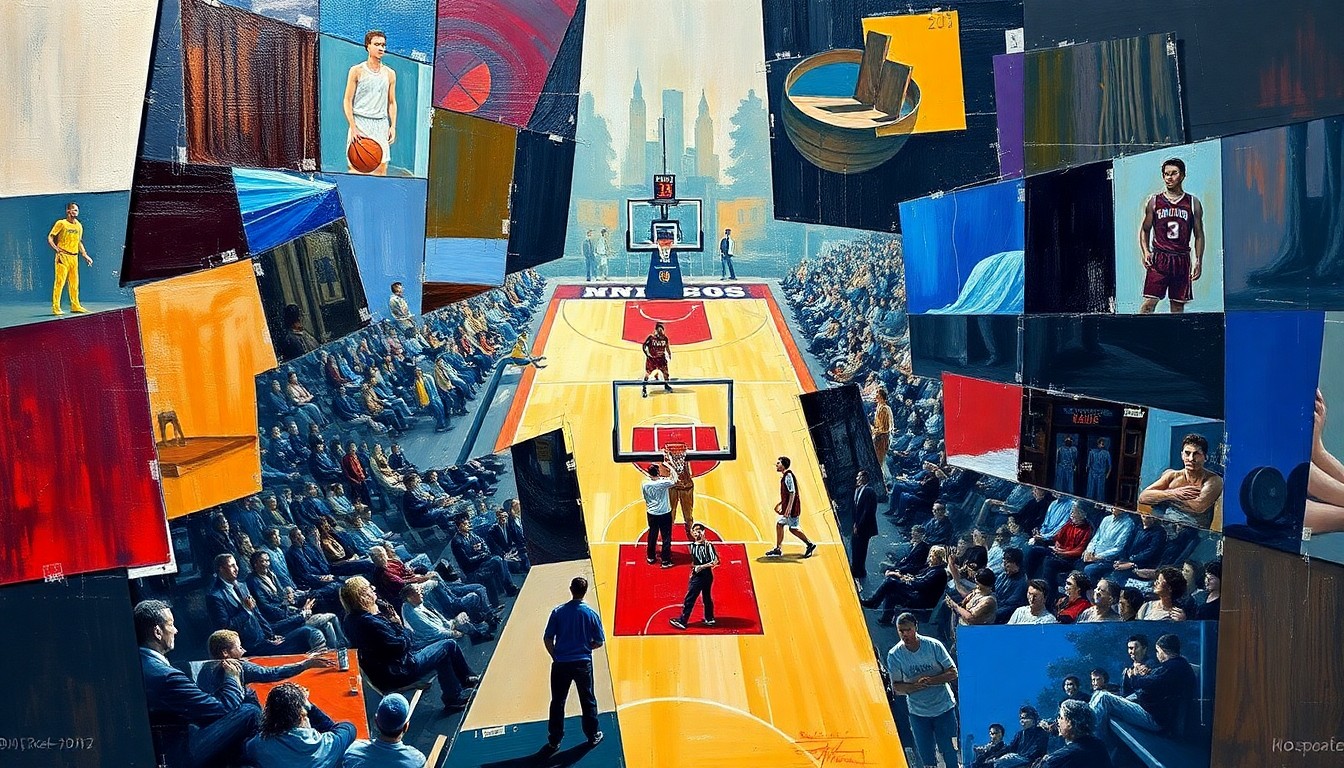 A fragmented, cubist-style painting depicting the chaotic energy of a college basketball game, with players and the court broken down into sharp, overlapping geometric shapes and planes of color.