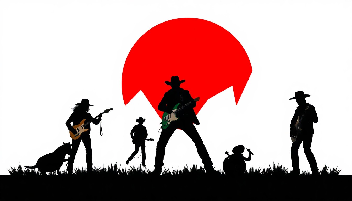 A bold, abstract composition of jagged, geometric shapes and stark black silhouettes in high-contrast red and white, conceptually representing the rebellious nature of outlaw country music.