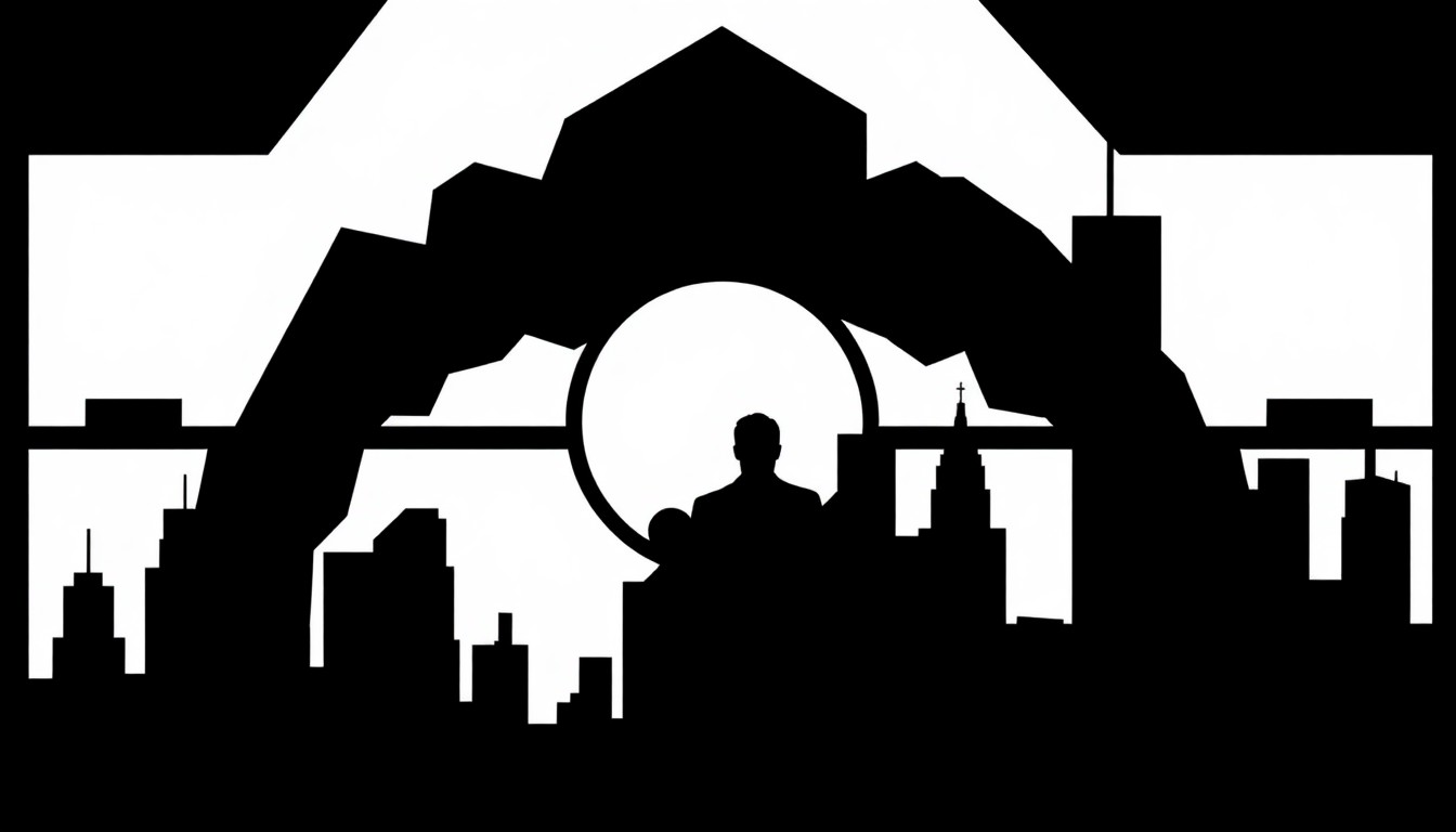 An abstract, minimalist composition of jagged, overlapping black silhouettes against a bright red background, conceptually representing the interconnected world of the OneChicago drama franchise.