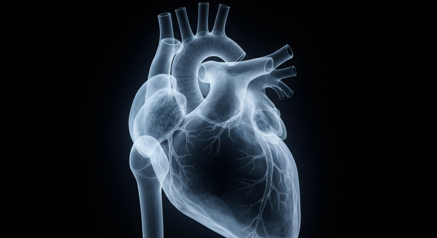 A ghostly, translucent X-ray photograph of a human heart rendered in shades of blue and grey against a dark background, symbolizing the resilience and fragility of those dealing with severe health challenges.
