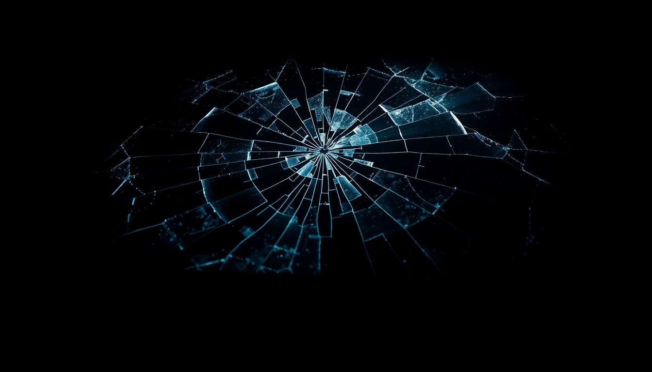 An extreme close-up photograph of a cracked and shattered car windshield, conceptually illustrating the aftermath of a traffic accident.