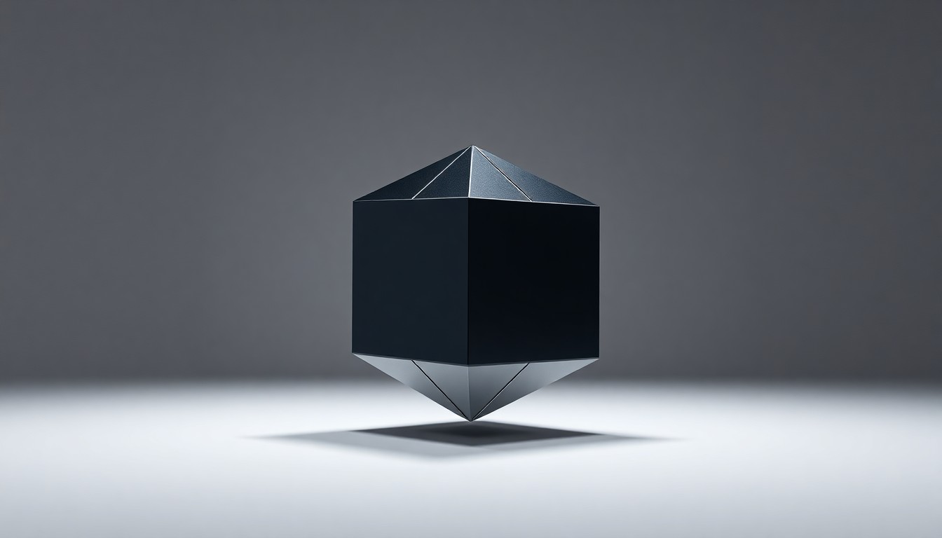 A highly polished, geometric metal cube floating on a clean white background, with dramatic studio lighting casting deep shadows to symbolize the abstract concepts of quantum computing and financial innovation.