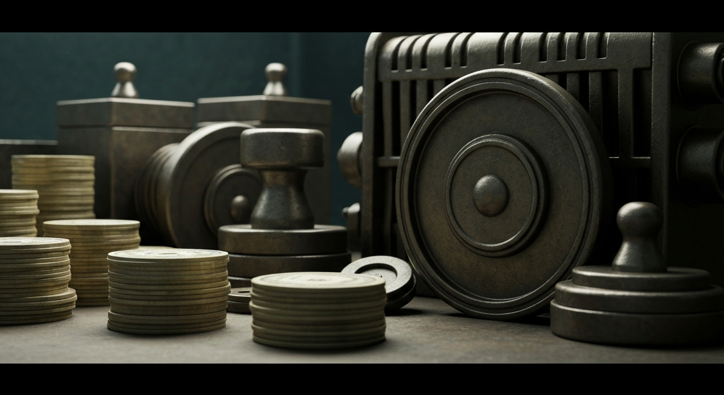A highly detailed, black-and-white close-up image of the gears, levers, and mechanisms of a bank's trading floor equipment, conveying a sense of the complex, industrial nature of modern finance.