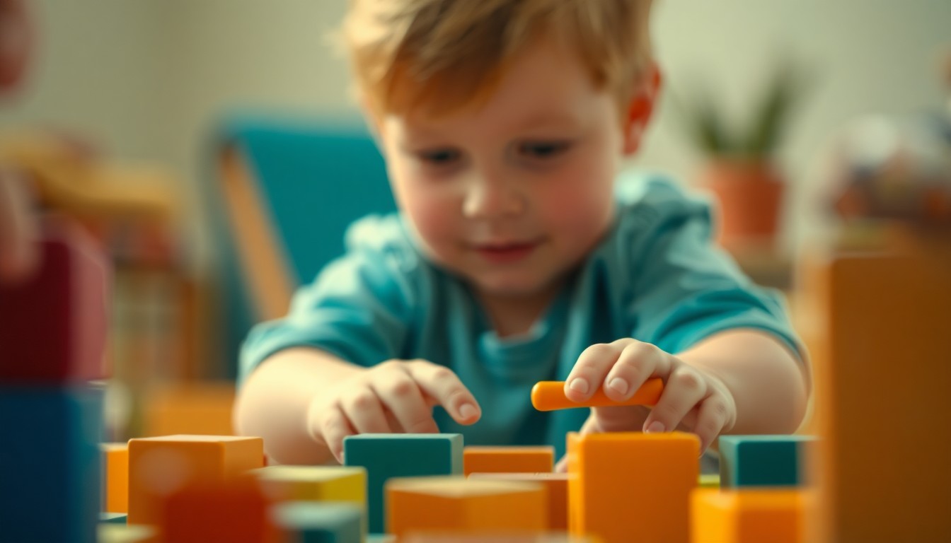 An abstract, out-of-focus scene of a child's hands interacting with educational toys, captured in a soft, warm, and dreamlike style that evokes the curiosity and playfulness of early learning.