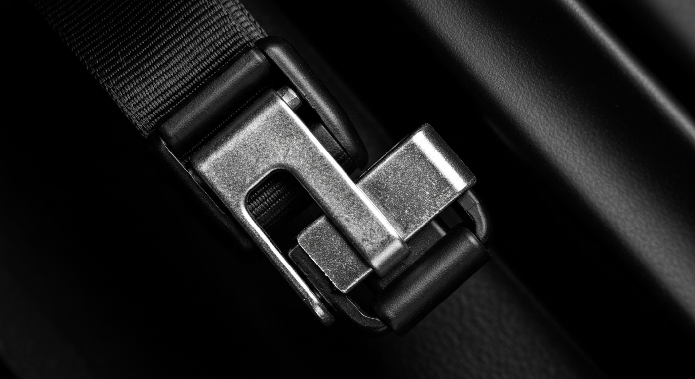 An extreme close-up of the intricate metal and plastic components that make up a car's seat belt anchor, rendered in dramatic shadows and highlights to convey the importance of this safety-critical automotive part.