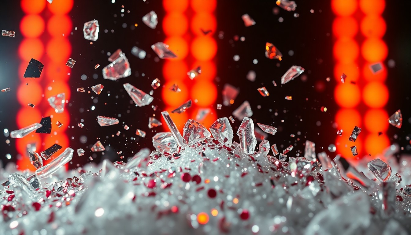 An extreme close-up of shattered glass and glittering sequins in high-contrast studio lighting, conceptually representing the hidden dangers beneath the surface of blockbuster movie culture.