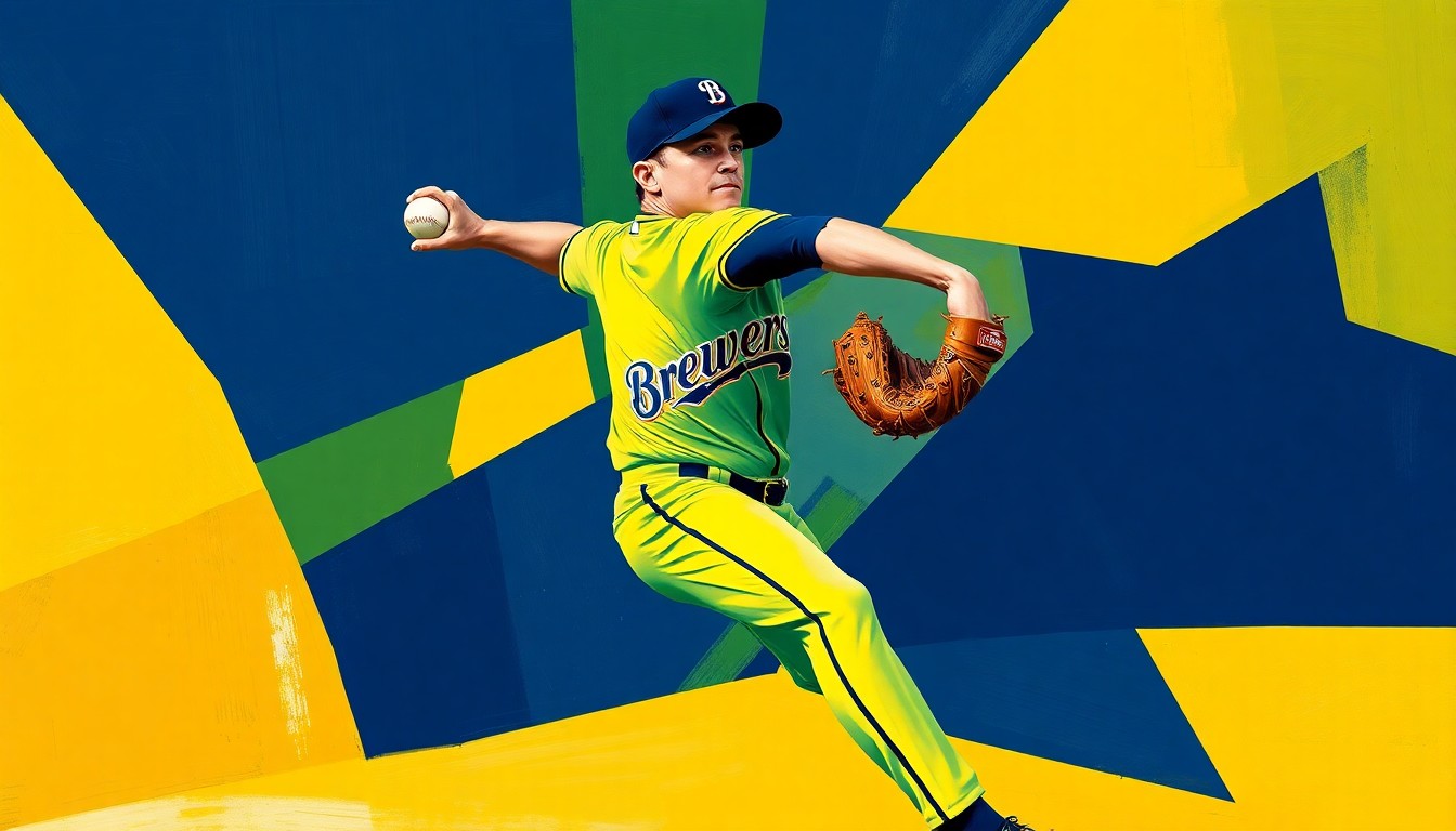 A fractured, multi-perspective painting depicting a Brewers pitcher delivering a pitch, broken down into sharp, overlapping geometric shapes in vibrant shades of navy, green, and yellow, conveying the chaotic nature of the team's early-season pitching challenges.