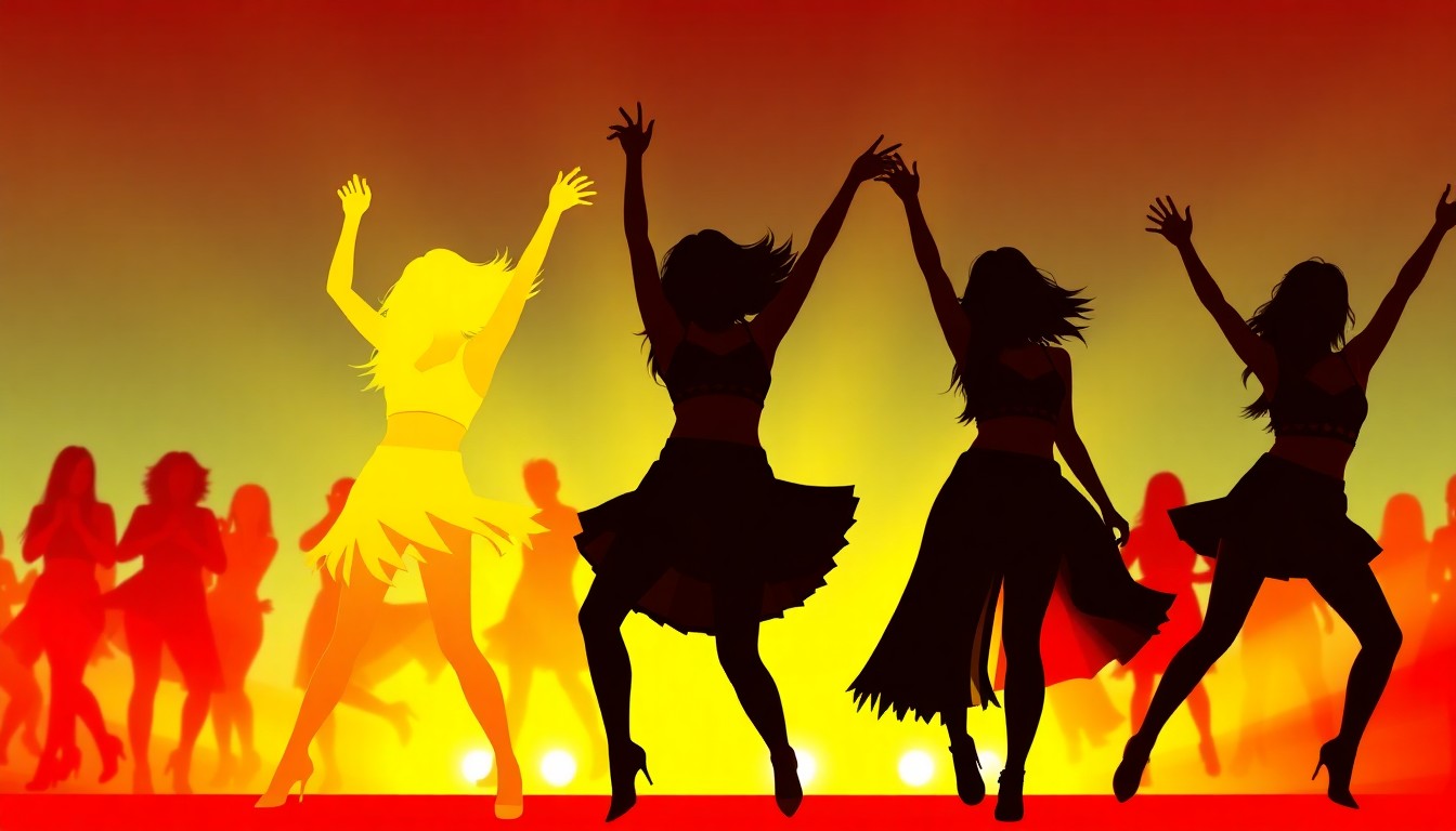 Striking abstract silhouettes of dancing female figures in bold, contrasting colors like red, yellow, and black, representing the high-energy joint performance at Coachella.