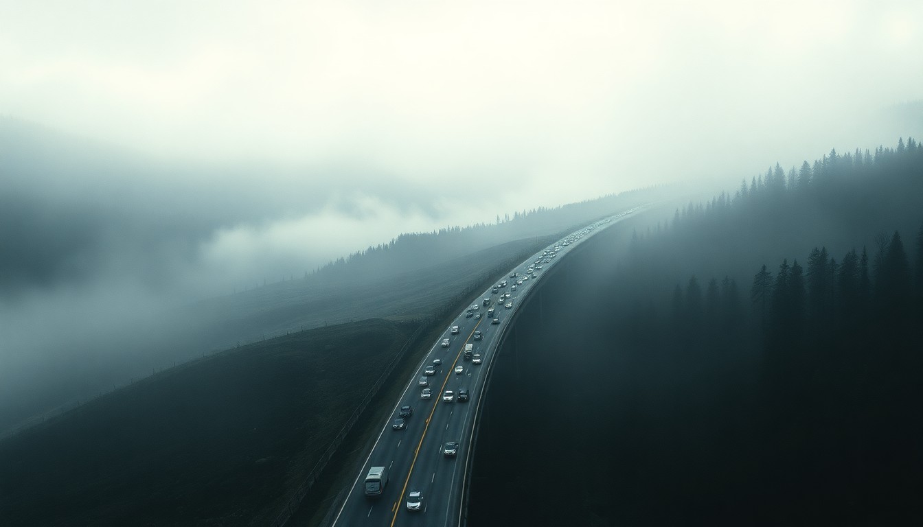A sweeping, atmospheric landscape painting depicting a heavily congested interstate highway cutting through a desolate, fog-shrouded expanse, with only the faint outlines of vehicles visible and dwarfed by the overwhelming scale of the natural environment.