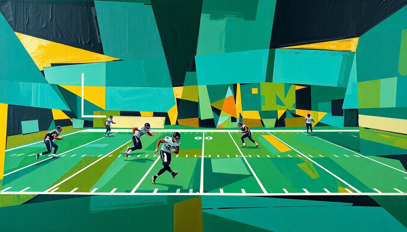 A fractured, cubist-style painting depicting a football game or practice, with players and the field broken down into sharp, overlapping geometric shapes in teal, gold, and black colors, conveying the strategic, long-term nature of the Jaguars' offseason roster moves.