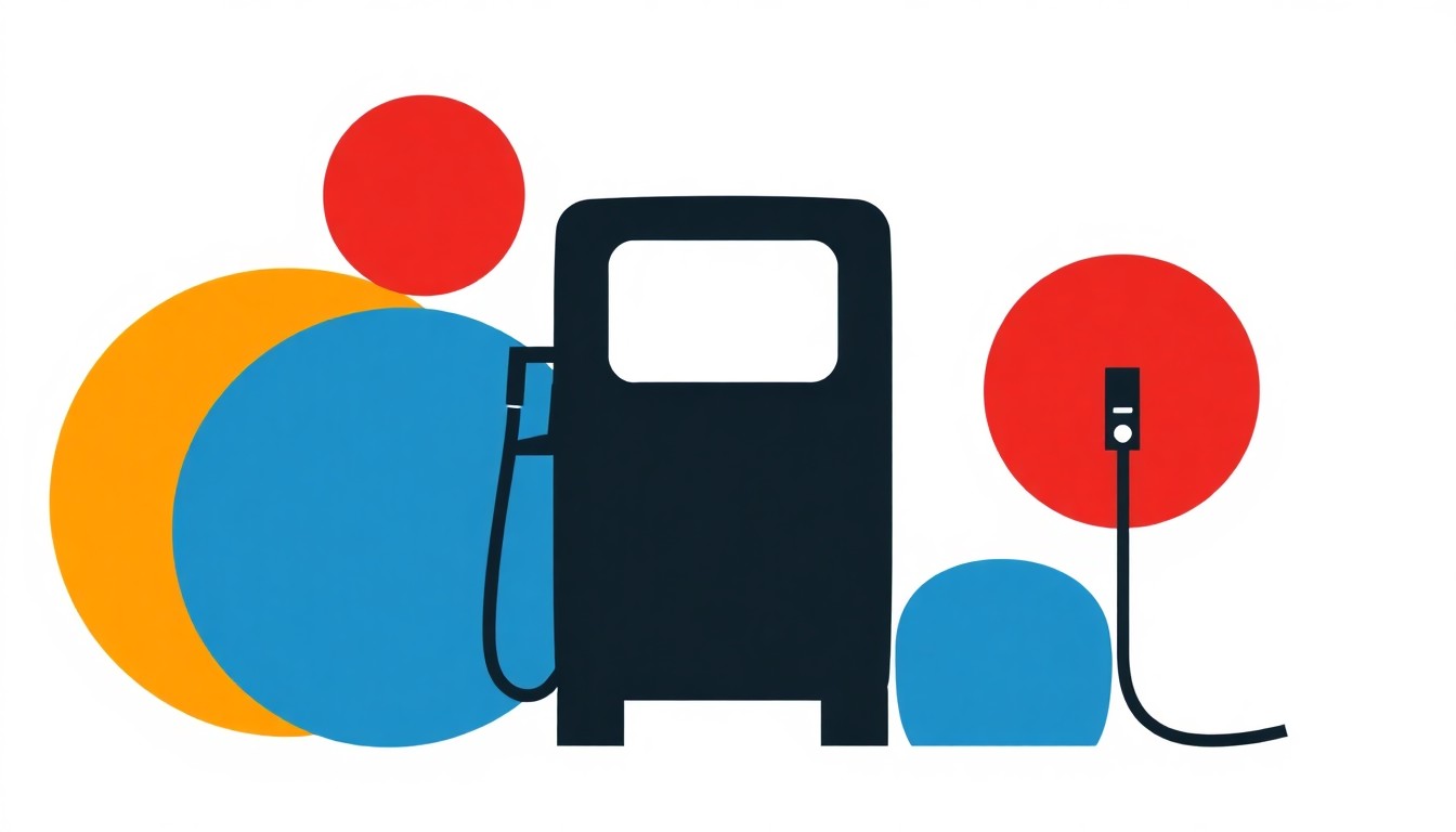 A vibrant, abstract illustration composed of overlapping triangles and circles in shades of red, blue, and yellow, conceptually representing the rising cost of gasoline and local government efforts to provide relief.
