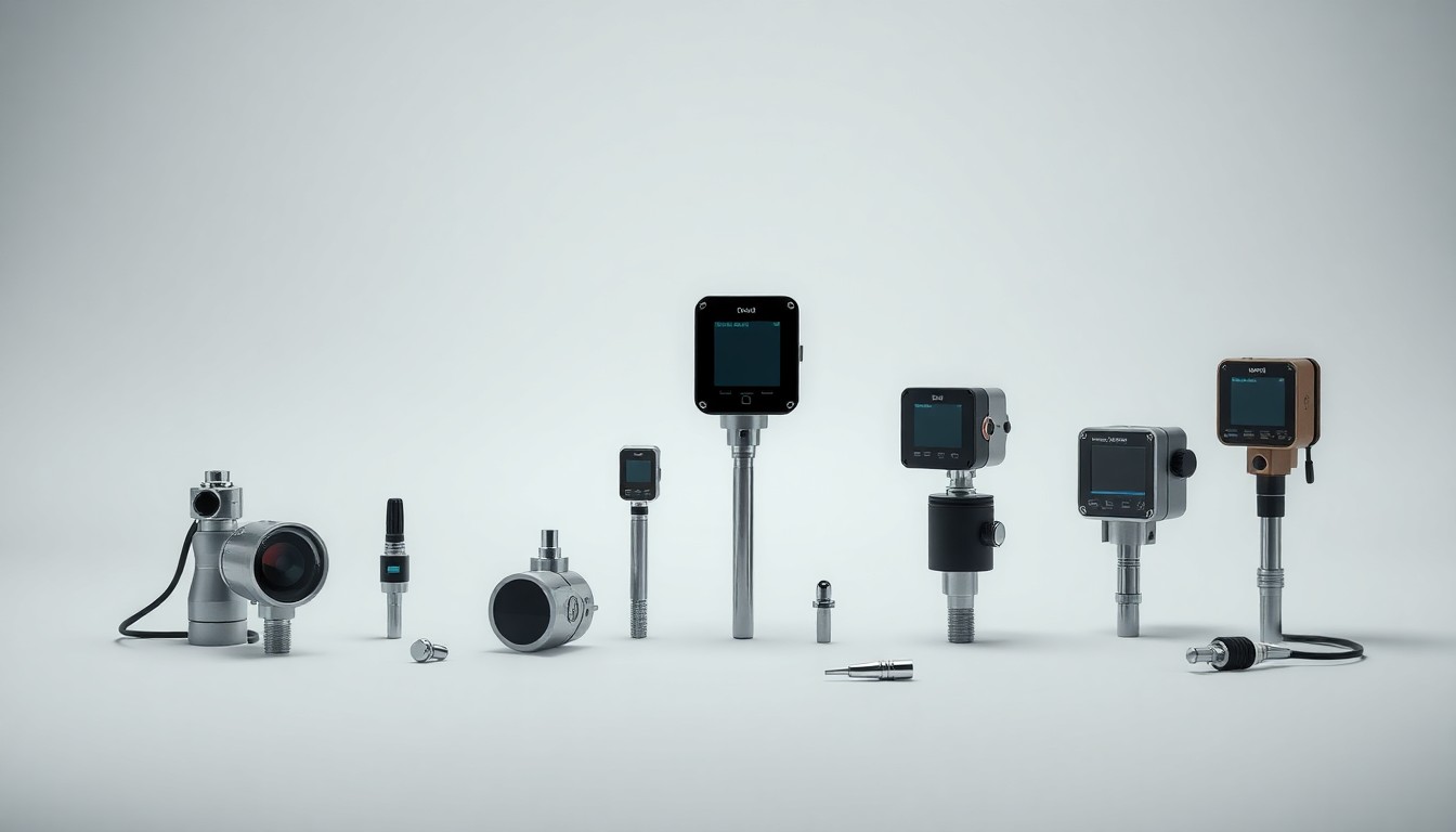 A high-end, photorealistic studio still-life photograph featuring a collection of premium, polished agricultural sensors and measurement devices arranged elegantly on a clean, monochromatic background, conveying a sense of innovation and technological advancement in the agriculture industry.