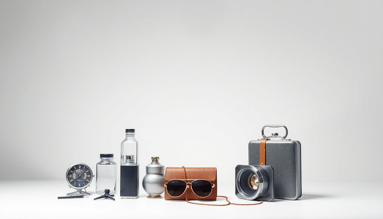 A minimalist, high-contrast studio photograph featuring a carefully arranged composition of sleek, polished objects such as a leather passport holder, a metal luggage tag, and a glass perfume bottle, symbolizing the premium and luxury products driving the expansion of the global travel retail market.