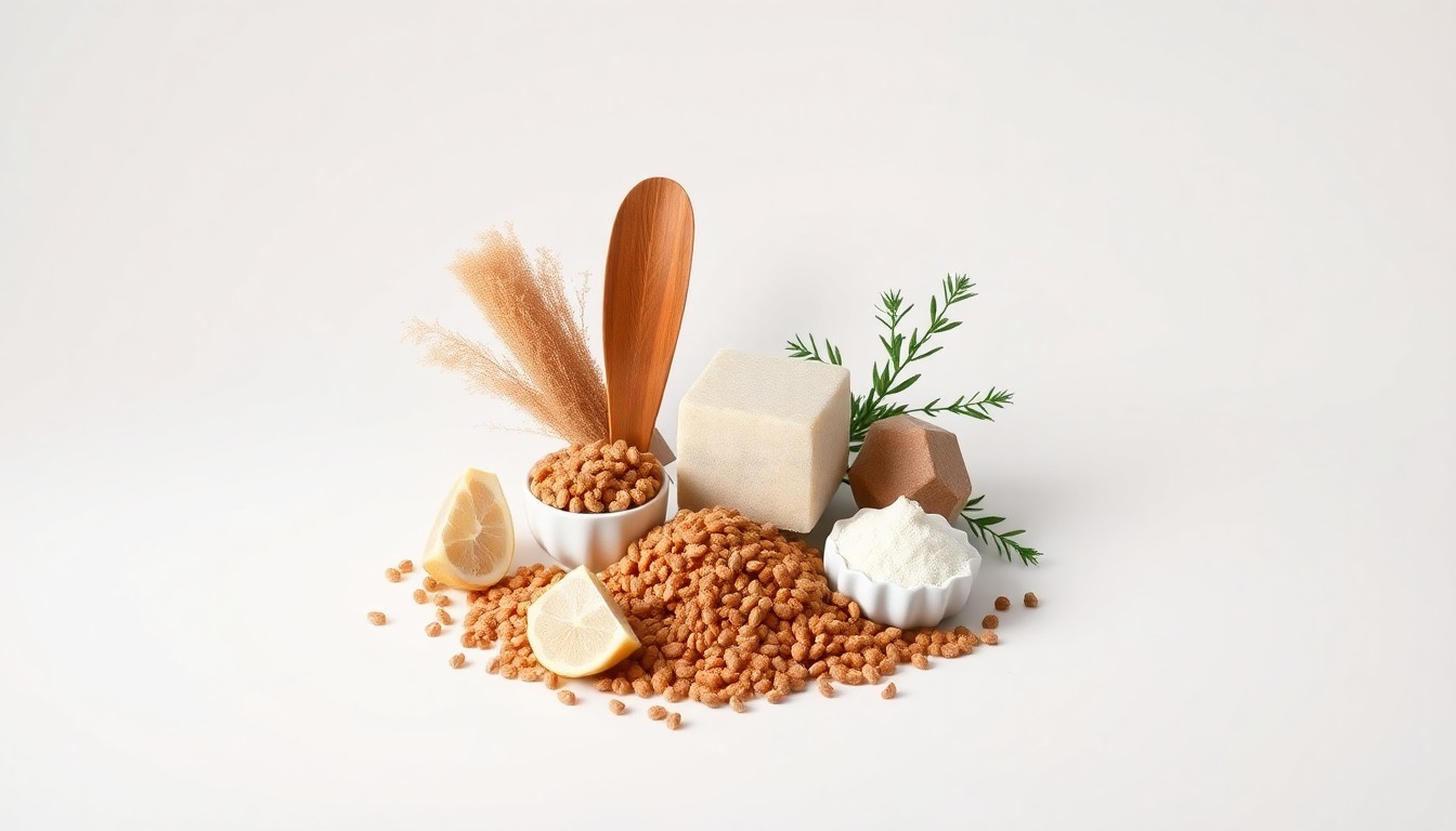 A high-end, photorealistic studio still-life photograph featuring a collection of premium salmon feed ingredients arranged elegantly on a clean, monochromatic seamless background, conceptually representing the abstract concepts of corporate strategy, finance, and markets in the salmon feed industry.